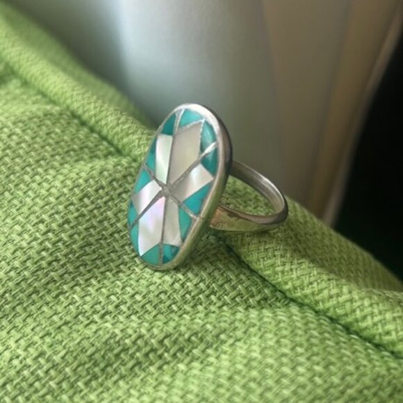 ZUNI D.F. ROMANCITO Turquoise MOP Silver Inlay RING - Picture 6 of 9